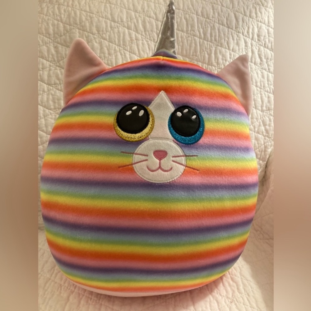 TY Cat Unicorn Rainbow Squish a boo Heather Multicolor striped Plush 13”